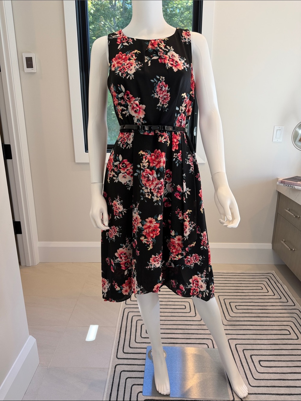 Elle Black Floral Belted Day Dress